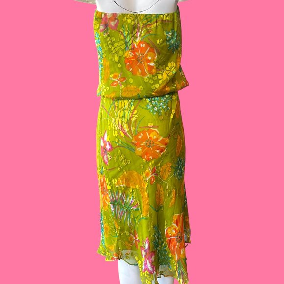 Lynn Lugo  Women's 100% Silk  Green Flower Strapless dress  made in USA, size 4 - Picture 5 of 6